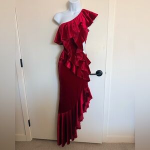 Fashion Nova Red One-Shoulder Ruffle Velvet Gown